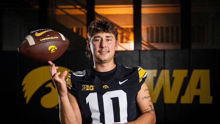 Iowa quarterback Jeremy Hecklinski (10) stands for a portrait during Hawkeye football media day, Friday, Aug. 14, 2026, in Iowa City.