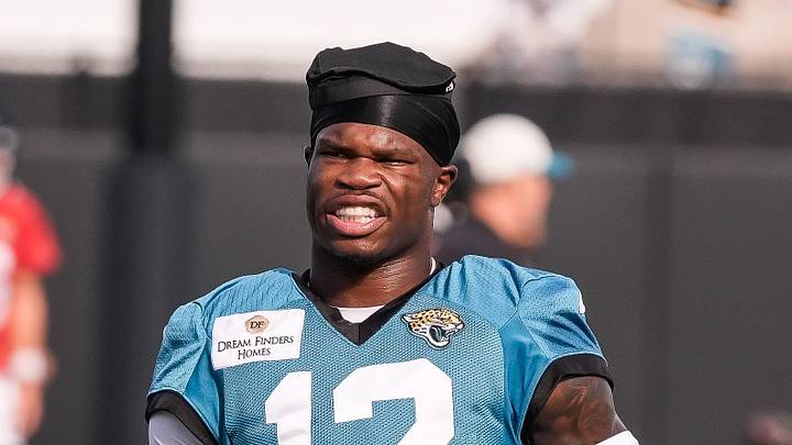 Jacksonville Jaguars Cornerback/Wide Receiver Travis Hunter (12) waits for a drill during the Jacksonville Jaguars seventh day of NFL Training Camp at the Miller Electric Center in Jacksonville, Fla., Thursday August 6, 2026.    [Doug Engle/Florida Times-Union]
