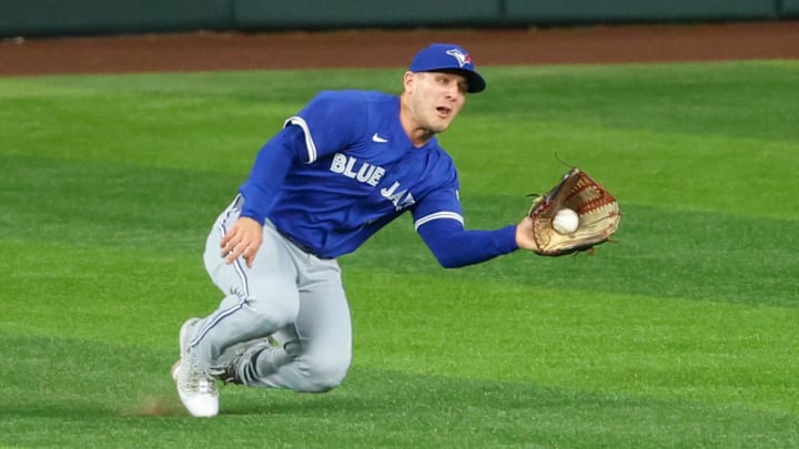 May 27, 2025; Arlington, Texas, USA; Toronto Blue Jays center fielder Daulton Varsho (5) makes a diving catch during the third inning against the Texas Rangers at Globe Life Field. 