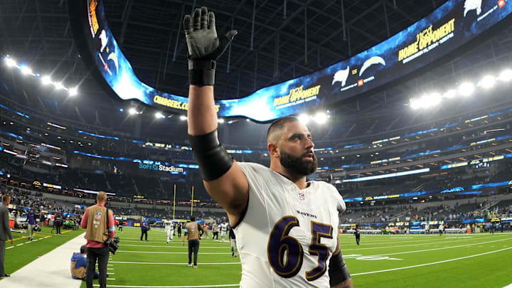 Nov 25, 2024; Inglewood, California, USA; Baltimore Ravens guard Patrick Mekari (65) leaves the field after the game against the Los Angeles Chargers at SoFi Stadium. Mandatory Credit: Kirby Lee-Imagn Images Nov 25, 2024; Inglewood, California, USA; Baltimore Ravens guard Patrick Mekari (65) leaves the field after the game against the Los Angeles Chargers at SoFi Stadium. Mandatory Credit: Kirby Lee-Imagn Images