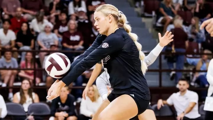 Mississippi State Outside Hitter Lindsey Mangelson (#3) during the match between the Texas Longhorns and the Mississippi State Bulldogs at the Newell-Grissom Building in Starkville, MS.