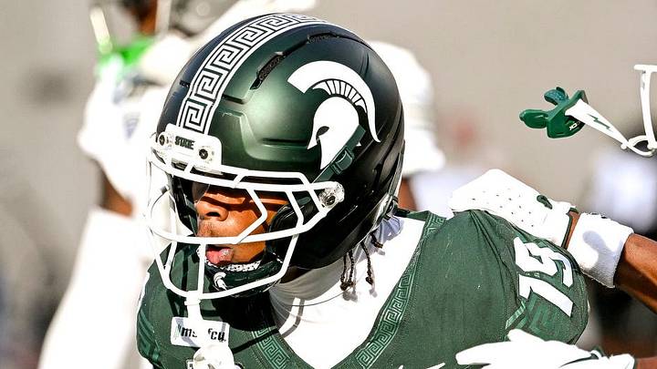 Michigan State’s Charles Taplin, left, celebrates his touchdown with Rodney Bullard Jr. during the third quarter against Eastern Michigan on Saturday, Sept. 12, 2026, at Spartan Stadium in East Lansing.