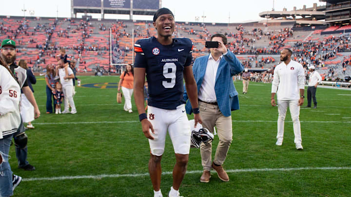 Auburn Tigers quarterback Deuce Knight (9) walks off the field as Auburn Tigers take on Mercer Bears at Jordan-Hare Stadium in Auburn, Ala. on Saturday, Nov. 22, 2025. Auburn Tigers defeated the Mercer Bears 62-17.