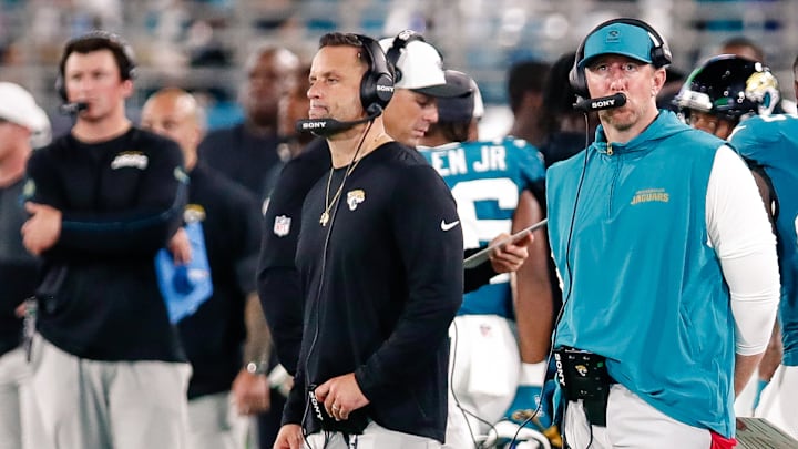 Aug 9, 2025; Jacksonville, Florida, USA; Jacksonville Jaguars defensive coordinator Anthony Campanile stands with head coach Liam Coen on the sidelines during a preseason game against the Pittsburgh Steelers at EverBank Stadium. Mandatory Credit: Travis Register-Imagn Images