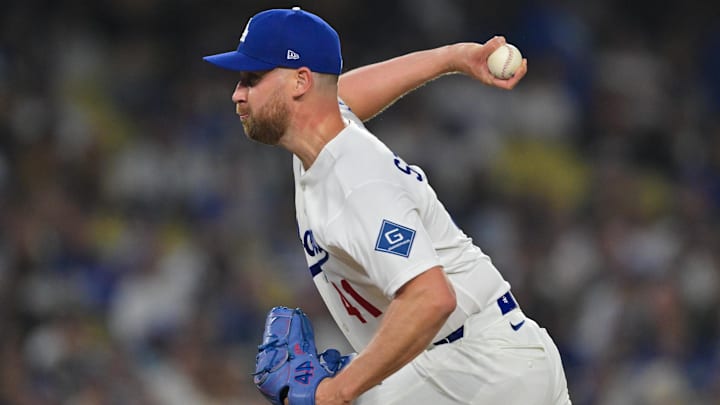 May 8, 2026; Los Angeles, California, USA; Los Angeles Dodgers pitcher Brock Stewart (41) pitches during the eighth inning against the Atlanta Braves at Dodger Stadium. Mandatory Credit: Jayne Kamin-Oncea-Imagn Images