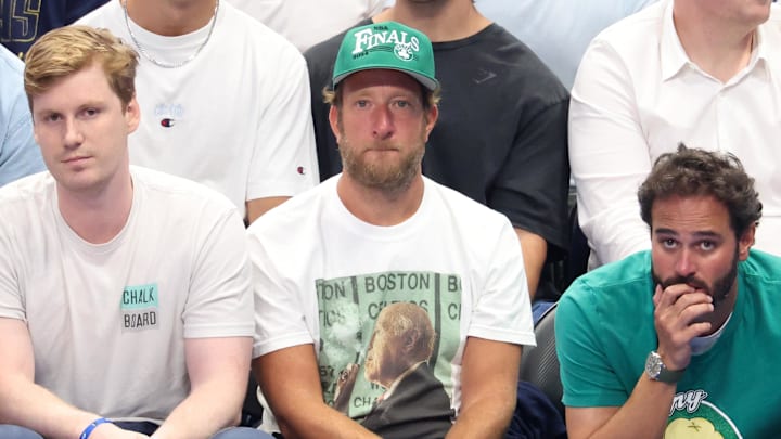 Jun 14, 2024; Dallas, Texas, USA; Dave Portnoy (middle) attends the game between the Dallas Mavericks and Boston Celtics during game four of the 2024 NBA Finals at American Airlines Center. Mandatory Credit: Kevin Jairaj-Imagn Images