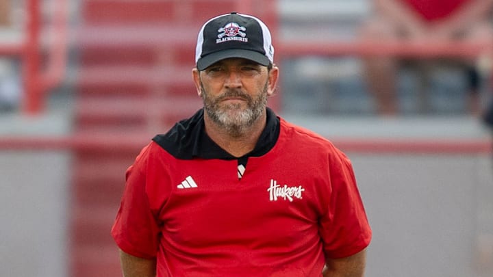 Nebraska defensive coordinator John Butler watches a drill during the Big Red Preview.