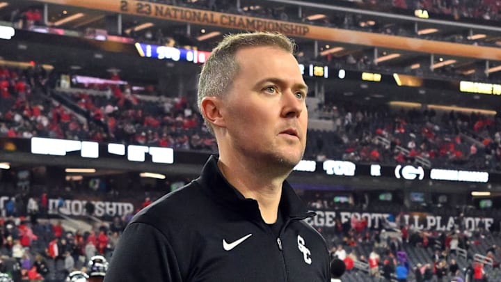 Jan 9, 2023; Inglewood, CA, USA; Southern California Trojans head coach Lincoln Riley walks the field before the CFP national championship game between the TCU Horned Frogs and the Georgia Bulldogs at SoFi Stadium. Mandatory Credit: Jayne Kamin-Oncea-Imagn Images