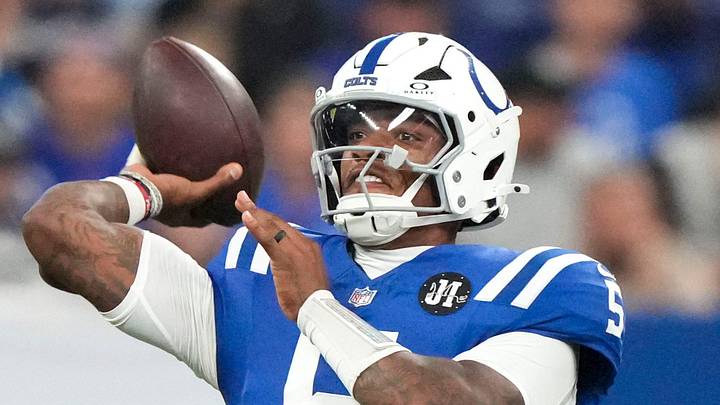 Indianapolis Colts quarterback Anthony Richardson (5) throws a pass Sunday, Oct. 5, 2025, during a game against Raiders