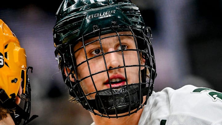 Michigan State and Minnesota wear 'DS' patches in honor of the late hockey staffer Dan Sturges during the third period in the game against on Friday, Jan. 23, 2026, at Munn Ice Arena in East Lansing. Pictured is MSU's Charlie Stramel, right, and Beckett Hendrickson. Michigan State and Minnesota wear 'DS' patches in honor of the late hockey staffer Dan Sturges during the third period in the game against on Friday, Jan. 23, 2026, at Munn Ice Arena in East Lansing. Pictured is MSU's Charlie Stramel, right, and Beckett Hendrickson.