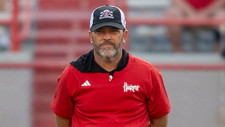 Nebraska defensive coordinator John Butler watches a drill during the Big Red Preview.