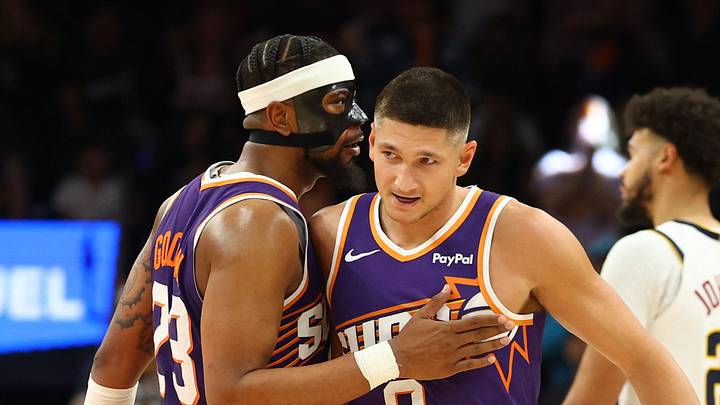 Mar 24, 2026; Phoenix, Arizona, USA; Phoenix Suns guard Grayson Allen (8) celebrates with teammate Jordan Goodwin (23) against the Denver Nuggets in the second half at Mortgage Matchup Center. Mandatory Credit: Mark J. Rebilas-Imagn Images Mar 24, 2026; Phoenix, Arizona, USA; Phoenix Suns guard Grayson Allen (8) celebrates with teammate Jordan Goodwin (23) against the Denver Nuggets in the second half at Mortgage Matchup Center. Mandatory Credit: Mark J. Rebilas-Imagn Images