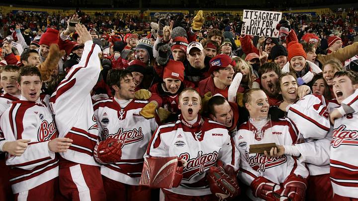 February 11, 2006; Green Bay, WI, USA; Wisconsin hockey players celebrate in front of fans after defeating the Ohio State Buckeyes 4-2 in the Frozen Tundra Classic at Lambeau Field. February 11, 2006; Green Bay, WI, USA; Wisconsin hockey players celebrate in front of fans after defeating the Ohio State Buckeyes 4-2 in the Frozen Tundra Classic at Lambeau Field.