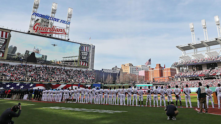 A C-130 Hercules flown by the 910th Airlift Wing out of the Youngstown Air Reserve Station flies over Progressive Field before the Cleveland Guardians’ home opener against the Chicago White Sox, Monday, April 8, 2024, in Cleveland, Ohio.