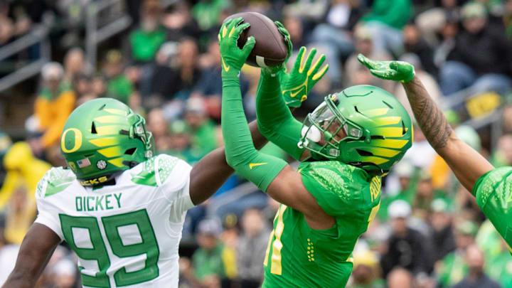 Oregon defensive back Dakoda Fields intercepts a pass indended for wide receiver Jurrion Dickey during the Oregon Ducks’ Spring Game Saturday, April 27. 2024 at Autzen Stadium in Eugene, Ore.