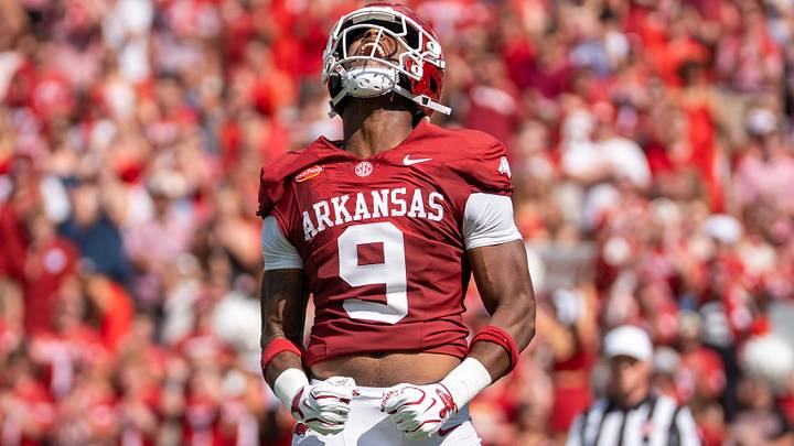 Arkansas Razorbacks JACK linebacker Charlie Collins celebrates following a forced fumble against North Alabama in the season opener inside CommunityAmerica Razorback Stadium on Sept. 5, 2026. Arkansas Razorbacks JACK linebacker Charlie Collins celebrates following a forced fumble against North Alabama in the season opener inside CommunityAmerica Razorback Stadium on Sept. 5, 2026.
