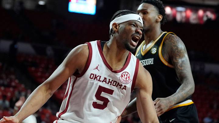 Oklahoma Sooners forward Mohamed Wague (5) shouts after a dunk during an NCAA men's basketball game between the University of Oklahoma Sooners (OU) and the Missouri Tigers at Lloyd Noble Center in Norman, Okla., Tuesday, March 3, 2026. Oklahoma won 80-64. Oklahoma Sooners forward Mohamed Wague (5) shouts after a dunk during an NCAA men's basketball game between the University of Oklahoma Sooners (OU) and the Missouri Tigers at Lloyd Noble Center in Norman, Okla., Tuesday, March 3, 2026. Oklahoma won 80-64.
