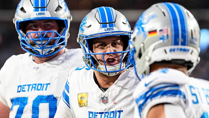 Detroit Lions quarterback Jared Goff (16) celebrates a touchdown against Washington Commanders