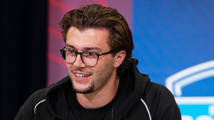 Michigan tight end Marlin Klein (TE14) speaks to members of the media during the NFL Combine 