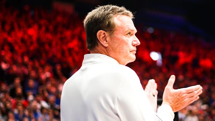 Kansas head coach Bill Self looks on during a college basketball game against Missouri at the Allen Fieldhouse on Dec. 9, 2023, in Lawrence, Kan.