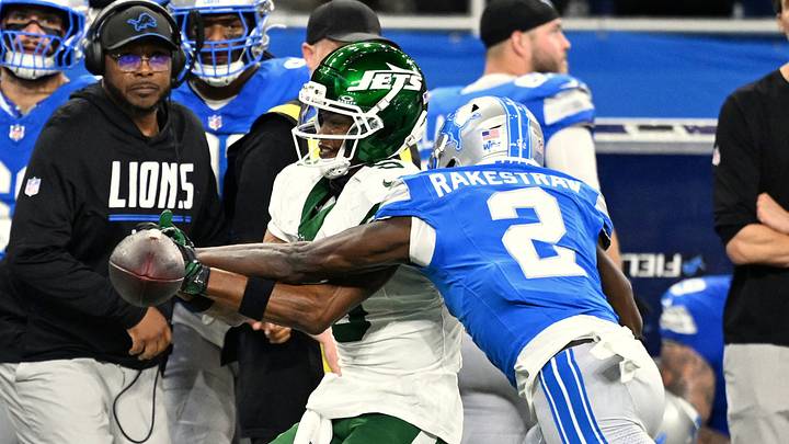 Detroit Lions cornerback Ennis Rakestraw Jr. (2) breaks up a pass against New York Jets at Ford Field Detroit Lions cornerback Ennis Rakestraw Jr. (2) breaks up a pass against New York Jets at Ford Field