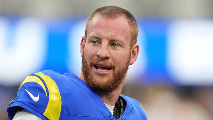 Dec 17, 2023; Inglewood, California, USA; Los Angeles Rams quarterback Carson Wentz (11) reacts to a play.