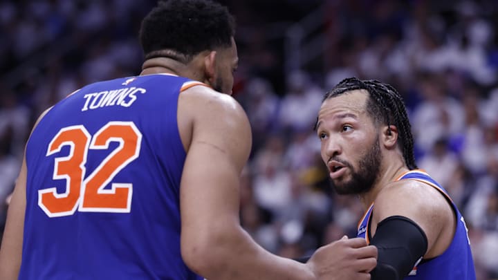 May 1, 2025; Detroit, Michigan, USA; New York Knicks guard Jalen Brunson (11) talks to center Karl-Anthony Towns (32) in the second half against the Detroit Pistons during game six of first round for the 2024 NBA Playoffs at Little Caesars Arena. Mandatory Credit: Rick Osentoski-Imagn Images