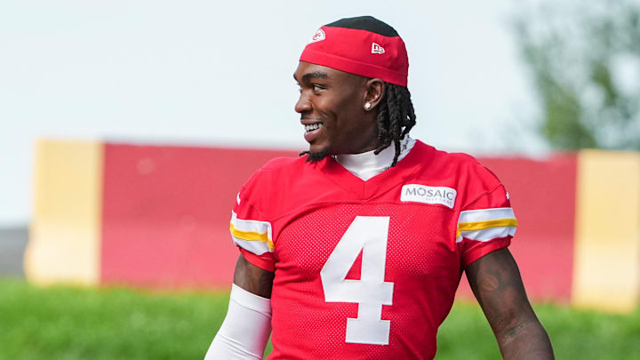Jul 22, 2025; St. Joseph, MO, USA; Kansas City Chiefs tight end Travis Kelce (87) and wide receiver Rashee Rice (4) walk down the hill to the practice fields during training camp at Missouri Western State University. Mandatory Credit: Denny Medley-Imagn Images