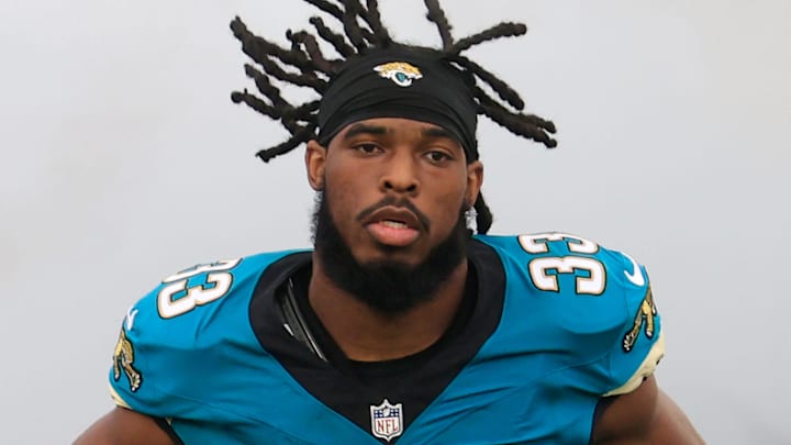 Jacksonville Jaguars running back Bhayshul Tuten (33) is introduced before an NFL football game at EverBank Stadium, Sunday, Dec. 7, 2025, in Jacksonville, Fla. 