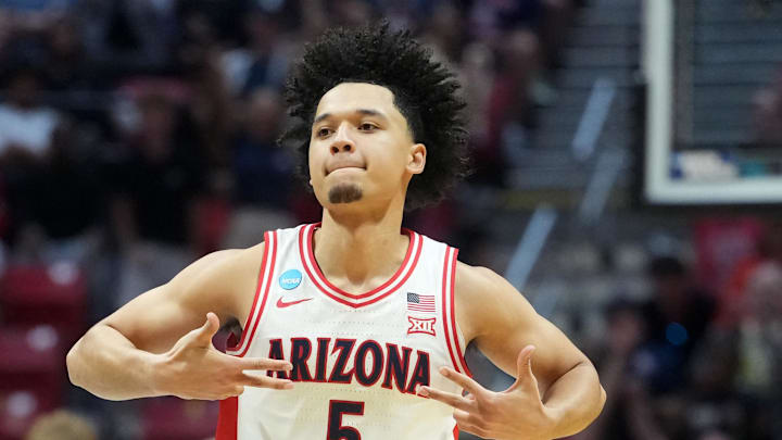 Mar 22, 2026; San Diego, CA, USA; Arizona Wildcats guard Brayden Burries (5) reacts in the second half against the Utah State Aggies during a second round game of the men's 2026 NCAA Tournament at Viejas Arena. Mandatory Credit: Kirby Lee-Imagn Images