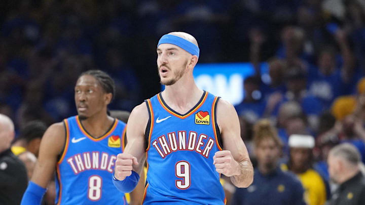 Jun 22, 2025; Oklahoma City, Oklahoma, USA; Oklahoma City Thunder guard Alex Caruso (9) reacts after a play against the Indiana Pacers during the second half of game seven of the 2025 NBA Finals at Paycom Center. Mandatory Credit: Kyle Terada-Imagn Images Jun 22, 2025; Oklahoma City, Oklahoma, USA; Oklahoma City Thunder guard Alex Caruso (9) reacts after a play against the Indiana Pacers during the second half of game seven of the 2025 NBA Finals at Paycom Center. Mandatory Credit: Kyle Terada-Imagn Images