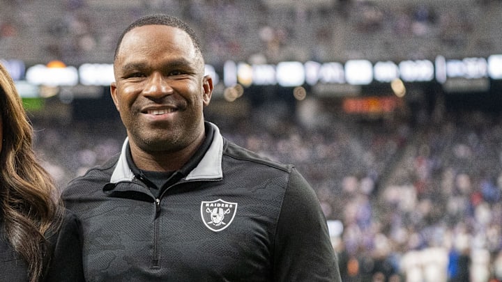 November 5, 2023; Paradise, Nevada, USA; (L-R) Las Vegas Raiders interim head coach Antonio Pierce, president Sandra Douglass Morgan, and interim general manager Champ Kelly pose for a photo before the game against the New York Giants at Allegiant Stadium. Mandatory Credit: Kyle Terada-Imagn Images November 5, 2023; Paradise, Nevada, USA; (L-R) Las Vegas Raiders interim head coach Antonio Pierce, president Sandra Douglass Morgan, and interim general manager Champ Kelly pose for a photo before the game against the New York Giants at Allegiant Stadium. Mandatory Credit: Kyle Terada-Imagn Images
