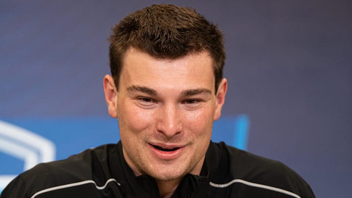 Feb 27, 2026; Indianapolis, IN, USA; Indiana quarterback Fernando Mendoza (QB11) speaks to members of the media during the NFL Combine at the Indiana Convention Center. Mandatory Credit: Jacob Musselman-Imagn Images