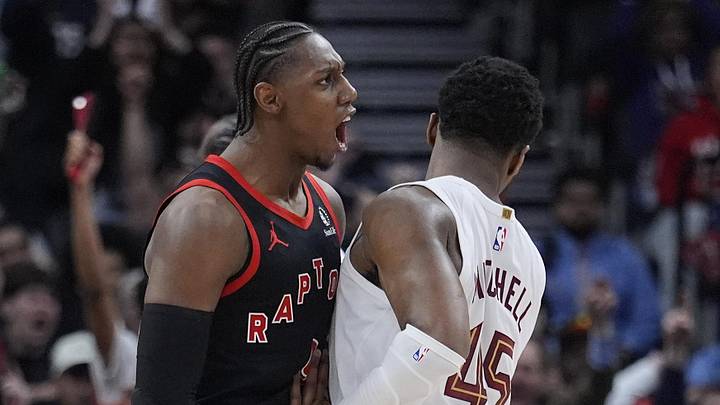 Apr 23, 2026; Toronto, Ontario, CAN; Toronto Raptors forward RJ Barrett (9) celebrates as Cleveland Cavaliers guard Donovan Mitchell (45) tries to walk away during the second half of game three of the first round of the 2026 NBA Playoffs at Scotiabank Arena. Mandatory Credit: John E. Sokolowski-Imagn Images Apr 23, 2026; Toronto, Ontario, CAN; Toronto Raptors forward RJ Barrett (9) celebrates as Cleveland Cavaliers guard Donovan Mitchell (45) tries to walk away during the second half of game three of the first round of the 2026 NBA Playoffs at Scotiabank Arena. Mandatory Credit: John E. Sokolowski-Imagn Images