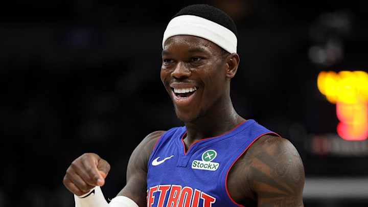Mar 30, 2025; Minneapolis, Minnesota, USA; Detroit Pistons guard Dennis Schroder (17) reacts during the second quarter against the Minnesota Timberwolves at Target Center. Mandatory Credit: Matt Krohn-Imagn Images