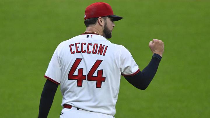 Jun 9, 2026; Cleveland, Ohio, USA; Cleveland Guardians starting pitcher Slade Cecconi (44) reacts in the fourth inning against the New York Yankees at Progressive Field. Mandatory Credit: David Richard-Imagn Images Jun 9, 2026; Cleveland, Ohio, USA; Cleveland Guardians starting pitcher Slade Cecconi (44) reacts in the fourth inning against the New York Yankees at Progressive Field. Mandatory Credit: David Richard-Imagn Images