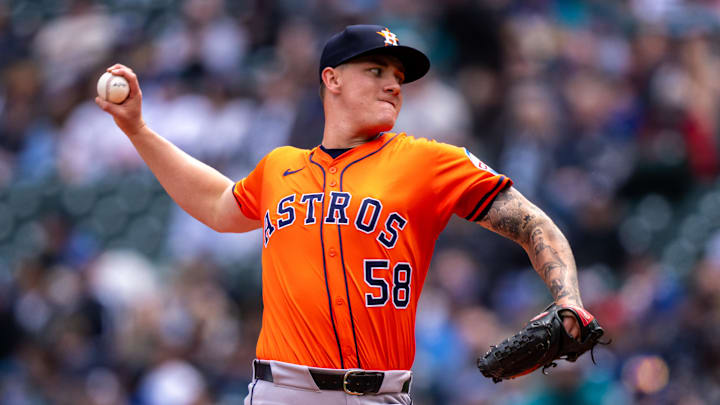 Apr 9, 2025; Seattle, Washington, USA;  Houston Astros starter Hunter Brown (58) delivers a pitch during the first inning against the Seattle Mariners at T-Mobile Park. 