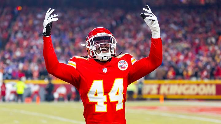 Jan 26, 2025; Kansas City, MO, USA; Kansas City Chiefs linebacker Cam Jones (44) celebrates against the Buffalo Bills in the AFC Championship game at GEHA Field at Arrowhead Stadium. Mandatory Credit: Mark J. Rebilas-Imagn Images Jan 26, 2025; Kansas City, MO, USA; Kansas City Chiefs linebacker Cam Jones (44) celebrates against the Buffalo Bills in the AFC Championship game at GEHA Field at Arrowhead Stadium. Mandatory Credit: Mark J. Rebilas-Imagn Images