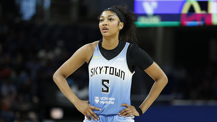 Jun 24, 2025; Chicago, Illinois, USA; Chicago Sky forward Angel Reese (5) looks on during the first half at Wintrust Arena. Mandatory Credit: Kamil Krzaczynski-Imagn Images