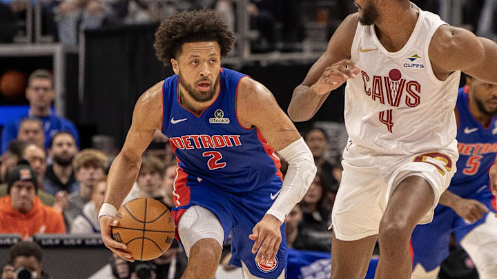 Feb 5, 2025; Detroit, Michigan, USA; Detroit Pistons guard Cade Cunningham (2) moves the ball up court on Cleveland Cavaliers forward Evan Mobley (4) during the first half at Little Caesars Arena. Mandatory Credit: David Reginek-Imagn Images Feb 5, 2025; Detroit, Michigan, USA; Detroit Pistons guard Cade Cunningham (2) moves the ball up court on Cleveland Cavaliers forward Evan Mobley (4) during the first half at Little Caesars Arena. Mandatory Credit: David Reginek-Imagn Images