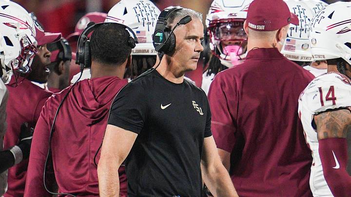 Florida State Seminoles head coach Mike Norvell saw his team fall apart in the second half against Louisville after the ‘Noles were up 14-0 to lose 44-20 in ACC college football at L&N Stadium in Louisville, Kentucky. Oct. 9, 2026. Florida State Seminoles head coach Mike Norvell saw his team fall apart in the second half against Louisville after the ‘Noles were up 14-0 to lose 44-20 in ACC college football at L&N Stadium in Louisville, Kentucky. Oct. 9, 2026.