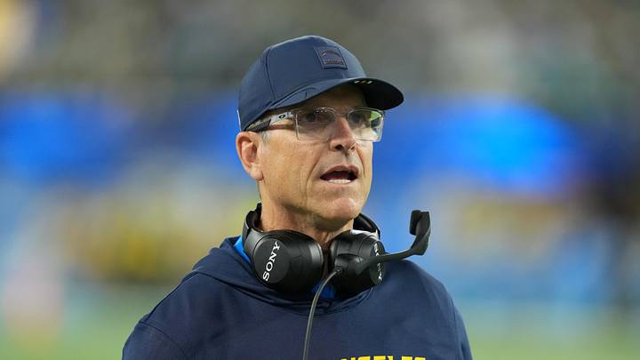 Dec 8, 2025; Inglewood, California, USA;  Los Angeles Chargers head coach Jim Harbaugh reacts in the first half against the Philadelphia Eagles at SoFi Stadium. Mandatory Credit: Kirby Lee-Imagn Images