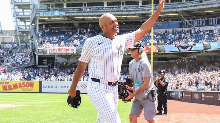 Aug 9, 2025; Bronx, New York, USA;  Former New York Yankees pitcher Mariano Rivera at Old Timer’s Day at Yankee Stadium. Mandatory Credit: Wendell Cruz-Imagn Images