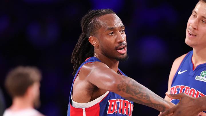 Oct 25, 2026; Philadelphia, Pennsylvania, USA; Detroit Pistons guard Daniss Jenkins (24) reacts after a score against the Philadelphia 76ers during the fourth quarter at Xfinity Mobile Arena. Mandatory Credit: Bill Streicher-Imagn Images