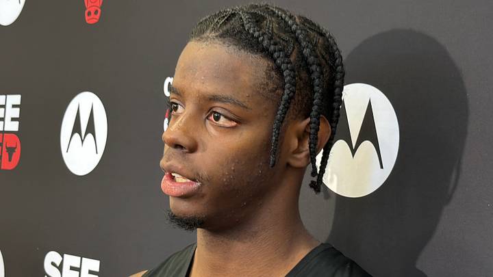 Caleb Wilson of the Chicago Bulls meets with the media following his first Summer League practice. Caleb Wilson of the Chicago Bulls meets with the media following his first Summer League practice.