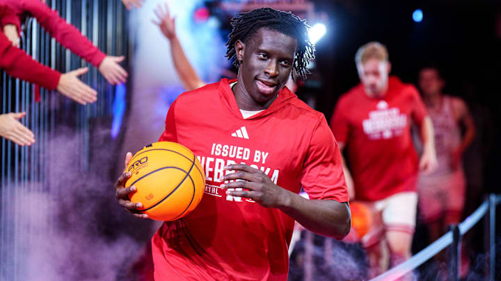 Nebraska Cornhuskers forward Justin Bolis leads the team out of the tunnel before the game against the North Dakota Fighting Hawks at Pinnacle Bank Arena.