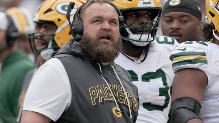 Green Bay Packers offensive line coach Luke Butkus is shown during the first quarter of their preseason game against the Seattle Seahawks Saturday, August 23, 2025 at Lambeau Field in Green Bay, Wisconsin.