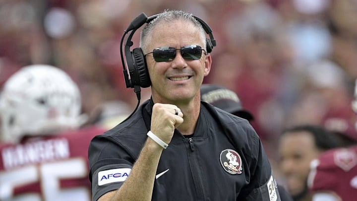Sep 20, 2025; Tallahassee, Florida, USA; Florida State Seminoles head coach Mike Norvell reacts after a touchdown during the first half against the Kent State Golden Flashes at Doak S. Campbell Stadium. Mandatory Credit: Melina Myers-Imagn Images