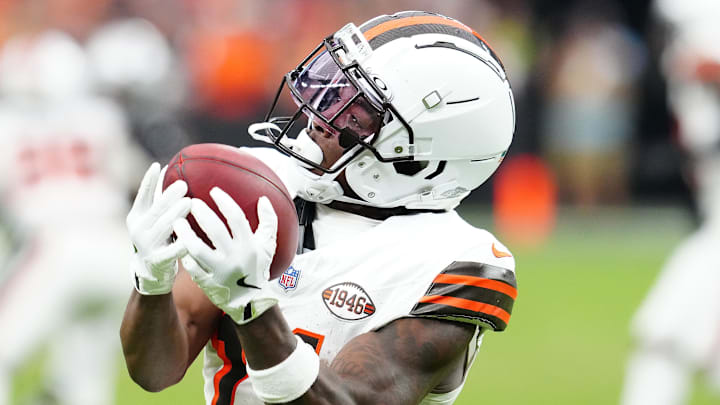 Sep 29, 2024; Paradise, Nevada, USA; Cleveland Browns wide receiver James Proche II (11) returns a Las Vegas Raiders punt during the fourth quarter at Allegiant Stadium. Mandatory Credit: Stephen R. Sylvanie-Imagn Images