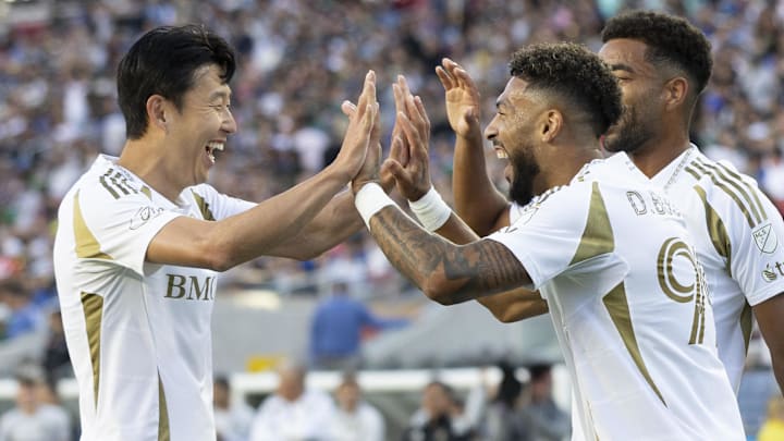 Son Heung-min (left) celebrates with Denis Bouanga in LAFC’s 4–2 win over the San Jose Earthquakes.